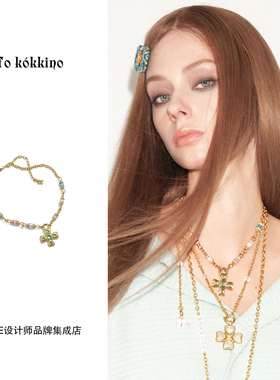 Dare买手店 tokokkino正品 绿影猫眼石蝴蝶结花项链金色复古欧美