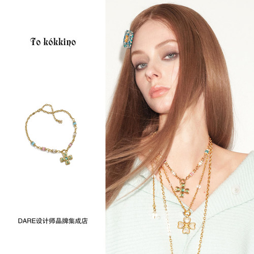 Dare买手店 tokokkino正品 绿影猫眼石蝴蝶结花项链金色复古欧美