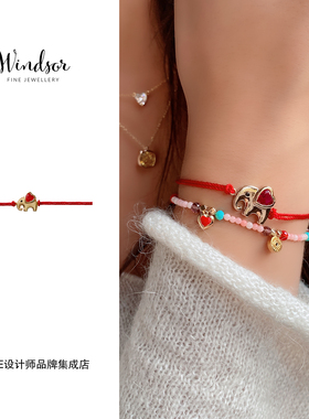 LHwindsor温莎 吉祥小象红绳手链金色欧美复古首饰好运新年本命