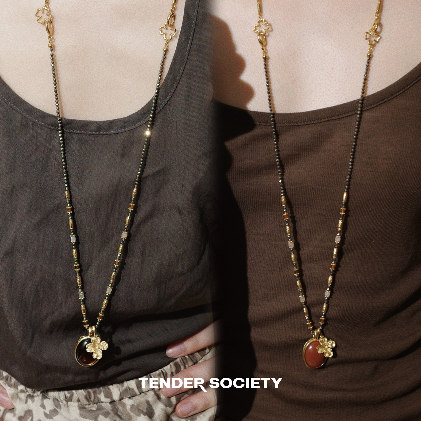 Dare买手店Tender society 双面石金色四叶草一款多戴项链长链女