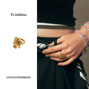 Dare买手店 tokokkino正品 天使小熊戒指金色复古饰品首饰高级女