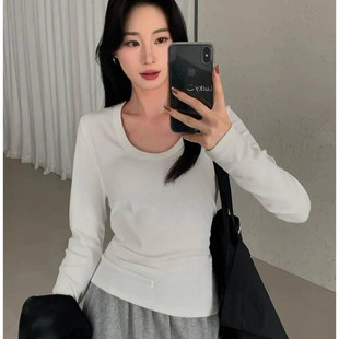 韩系纯欲风德绒黑色低领内搭打底衫 t恤u领紧身加厚上衣 女秋冬长袖