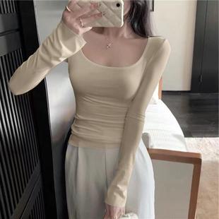 显瘦短款 辣妹紧修身 上衣 t恤性感低领内搭打底衫 少女感U领正肩长袖