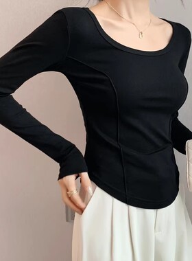 方领德绒打底衫女秋冬黑色内搭长袖T恤修身显瘦纯欲洋气鱼骨上衣
