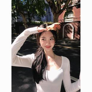 显瘦百搭内搭白色打底衫 韩版 修身 甜美辣妹t恤女短款 上衣潮 u领长袖