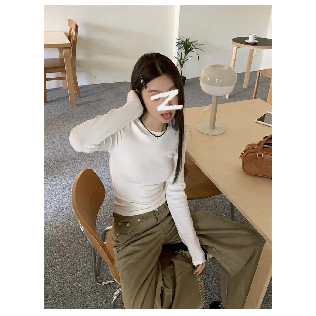 正肩女T 清晨薄雾 慵懒宽松面膜打底T恤性感辣妹长袖上衣春秋女