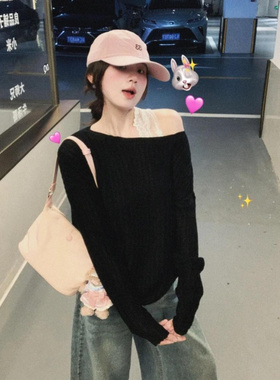 黑色复古斜肩一字肩长袖T恤女韩版ins秋季新款显瘦遮肉慵懒风上衣