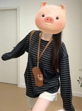 韩系慵懒风黑灰色条纹长袖t恤女2025新款早秋小众设计感宽松上衣