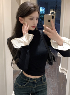 设计感黑色半高领打底衫女秋冬新款2025喇叭长袖t恤修身内搭上衣