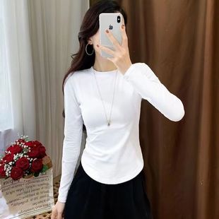 上衣女圆领长袖 秋冬季 洋气打底衫 内搭U型下摆加绒常规修身 t恤 新款