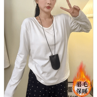 上衣显瘦遮肉磨毛打底衫 T恤宽松舒适女装 U领长袖 慵懒风秋冬新款