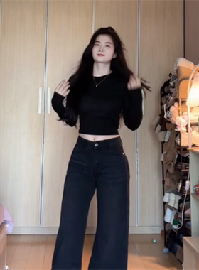 辣妹红色圆领长袖T恤女装秋冬季纯色短款修身打底衫性感百搭