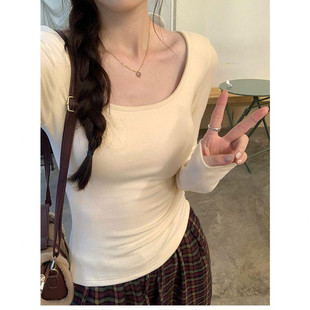 百搭上衣服打底衫 甜美修身 t恤女锁骨韩版 德绒纯色U领德绒内搭长袖