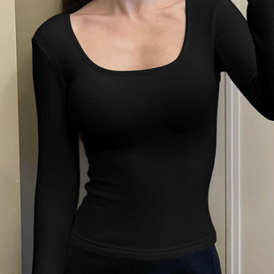 德绒显瘦长袖 百搭设计感小众减龄上衣 T恤女秋冬U领内搭学生打底衫