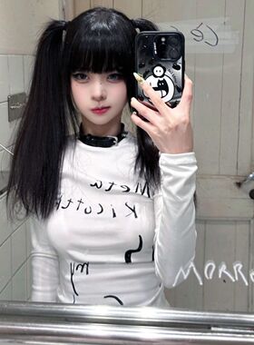 美式辣妹白色正肩长袖t恤女夏季2025新款修身收腰紧身打底衫上衣