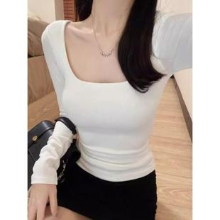 内搭潮 显瘦高级感磨毛保暖打底衫 韩系chic学院风U领长袖 t恤女修身