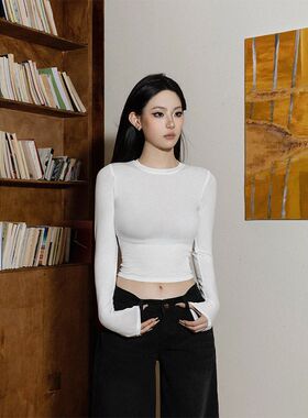 深蓝色短款修身辣妹圆领长袖T恤女装秋冬季纯色性感百搭打底衫