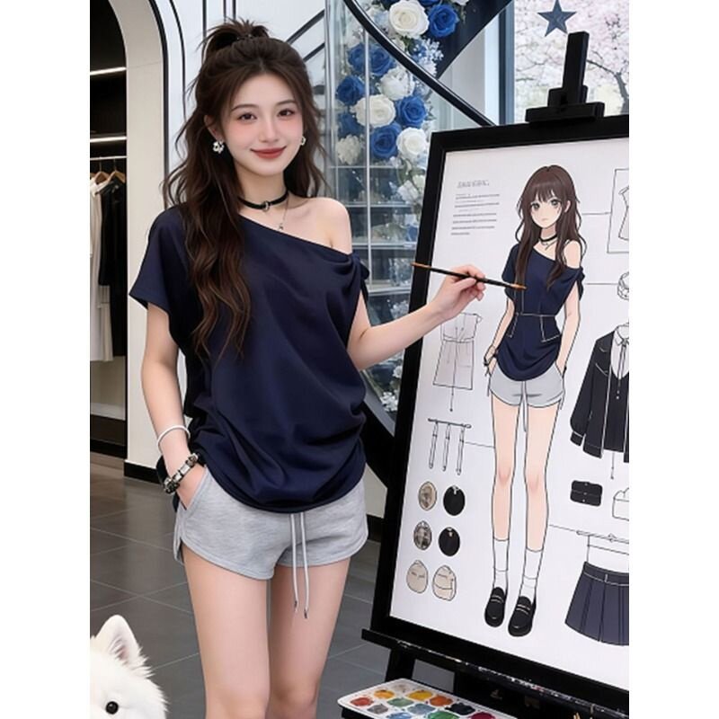 女款爆款春夏设计感斜肩打扭短袖女夏小众显瘦约会炸街百搭日常衣