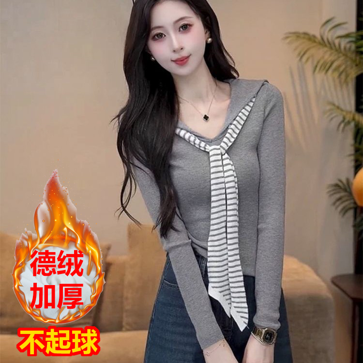 藏蓝色海军领披肩打底衫上衣女初秋巨好看氛围感穿搭薄款长袖T恤