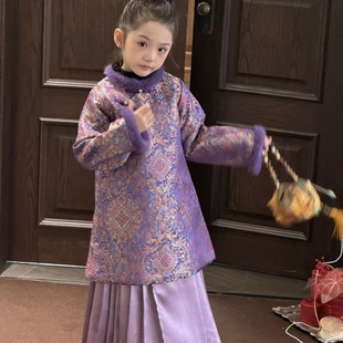 「紫气东来」加绒加厚改良汉服旗袍女童冬季汉服拜年装新春马面裙