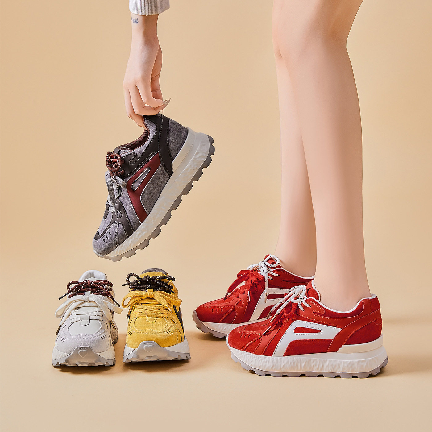 真皮~8cm隐形内阿甘鞋女2025秋季新款复古拼色厚底休闲运动鞋,女鞋,时尚休闲鞋,淘宝优惠券,粉丝福利购,淘宝优惠卷