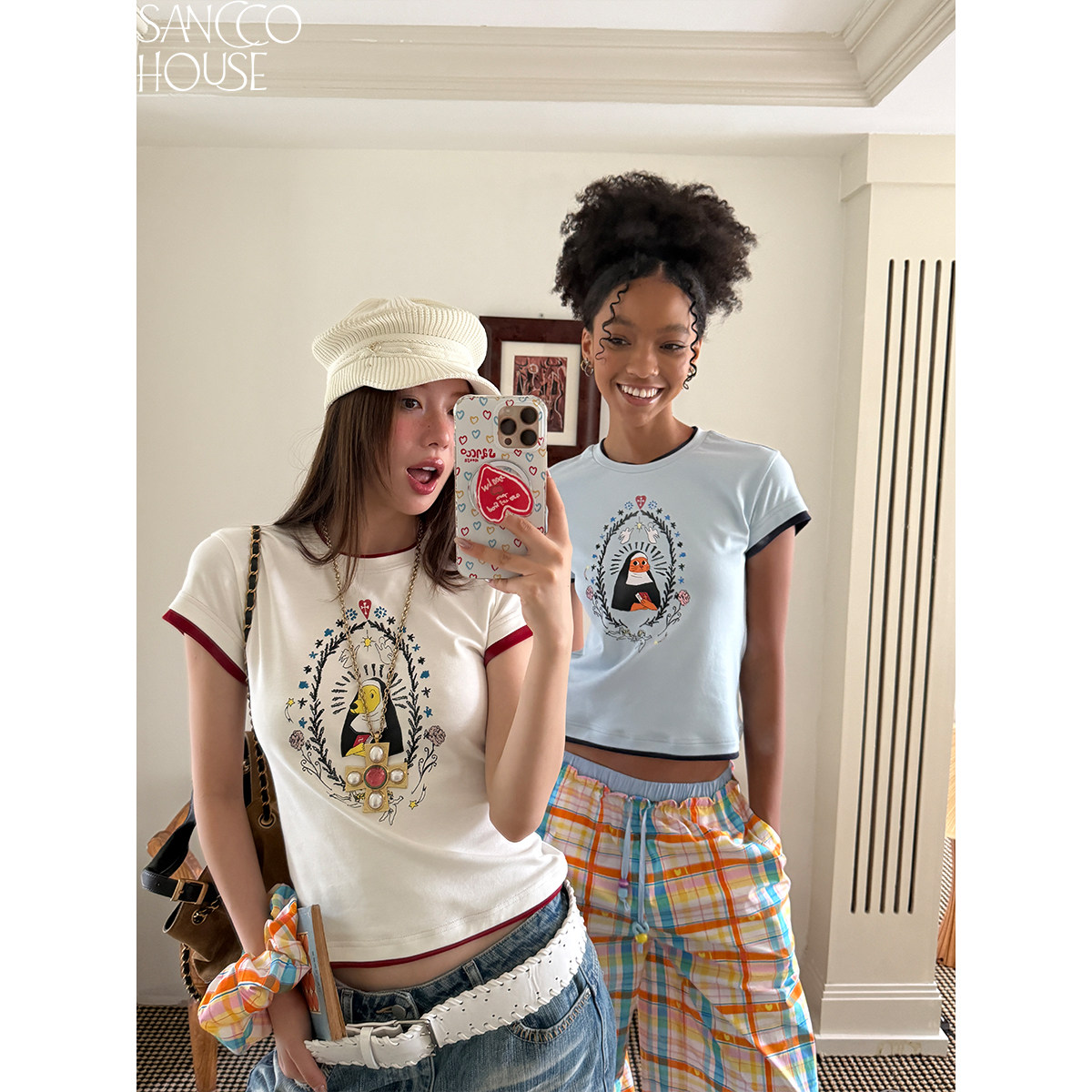 SANCCO* 修女小狗/小猫 原创趣味插画拼接撞色春夏修身短袖t恤