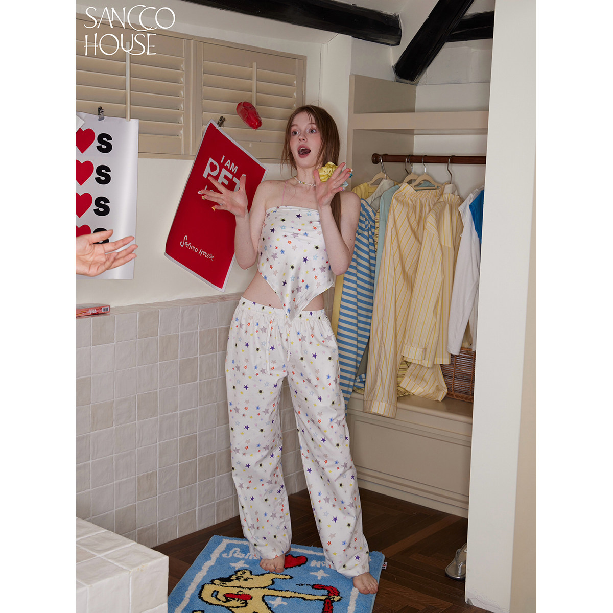SANCCO彩色星星印花原创天丝棉休闲裤松紧裤腰男女白色阔腿长裤