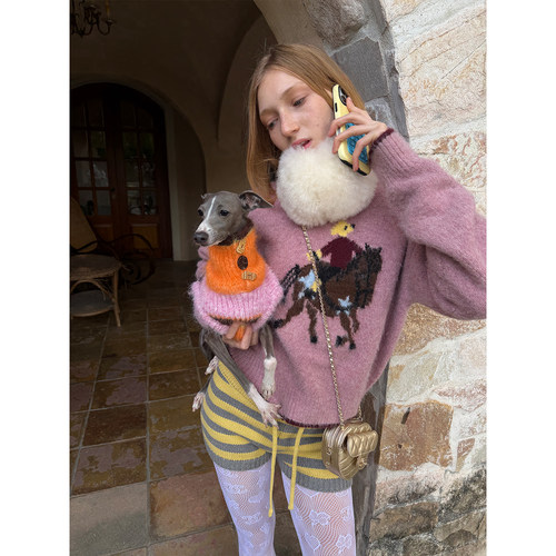 趣味小马驹提花糯米绒针织毛织衫