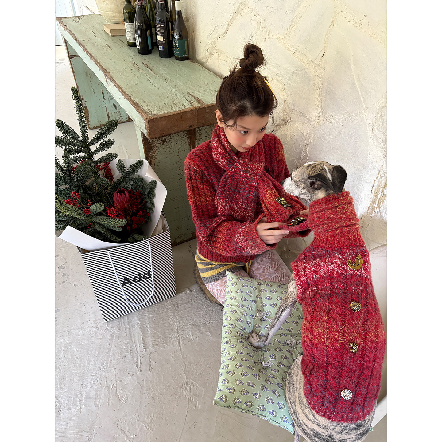 SANCCO人宠同款系列复古红色渐变绞花围巾双色珍珠纱圣诞新年围脖