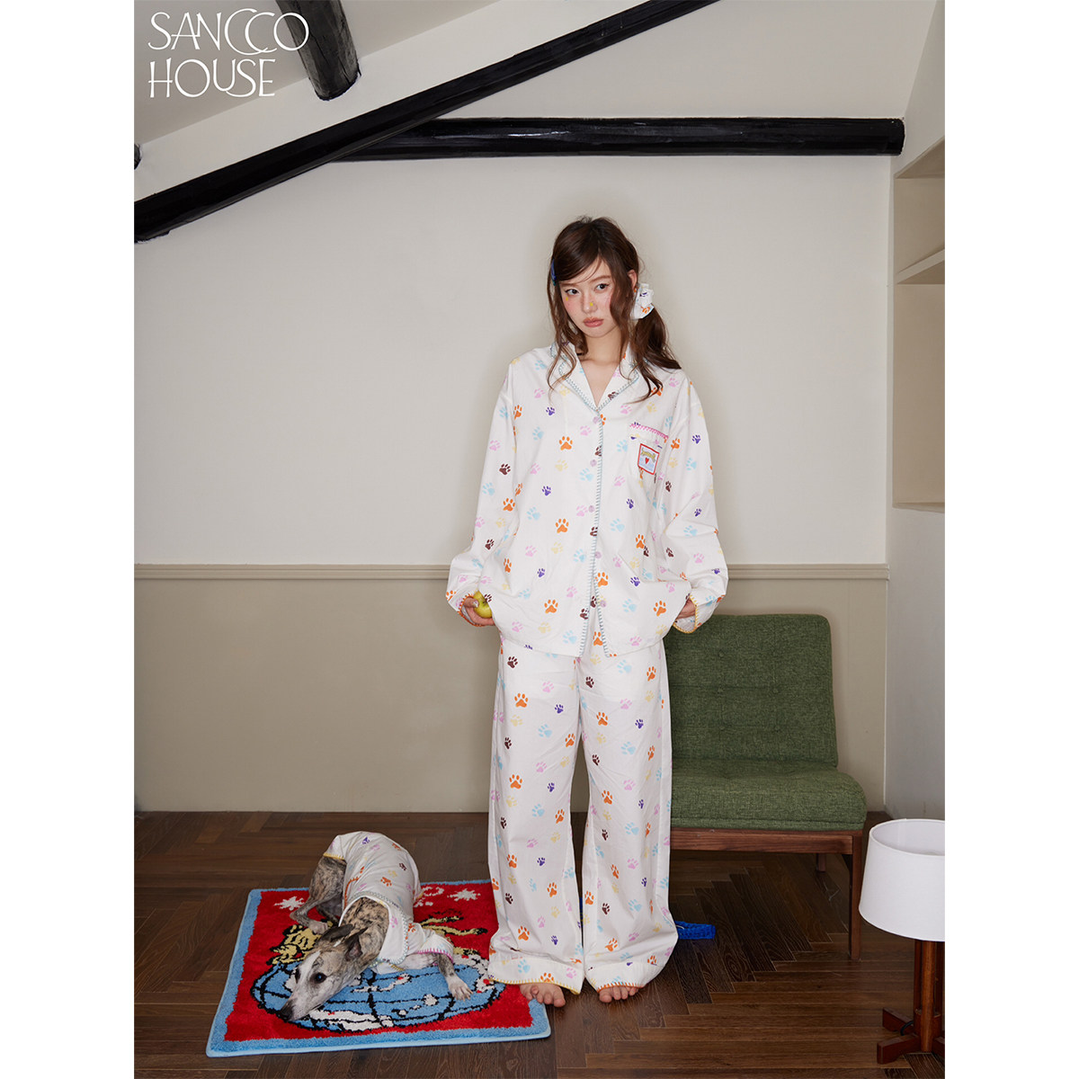 SANCCO原创彩色猫爪印花睡衣春夏男女同款棉贝壳绣宽松休闲家居服