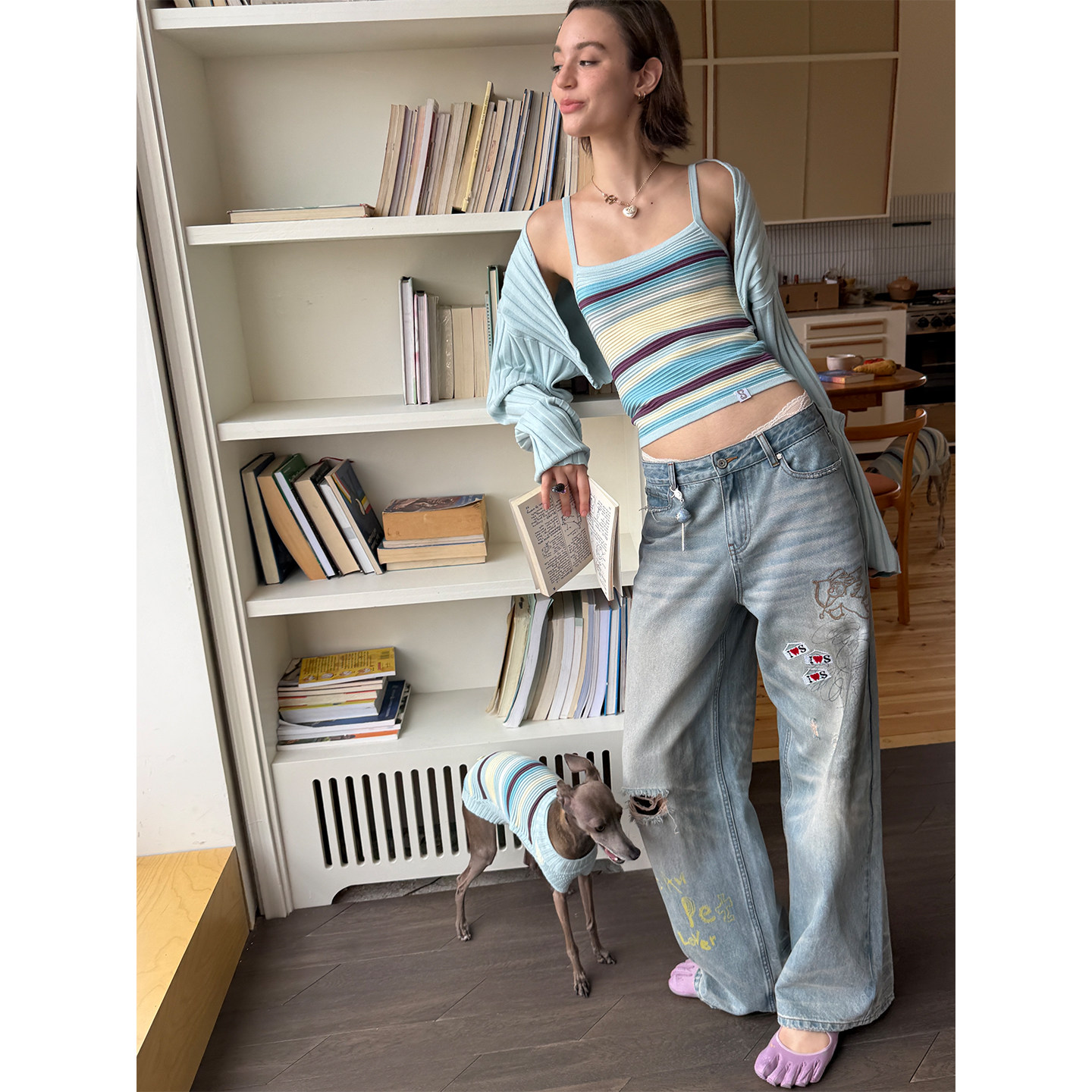 SANCCO原创复古做旧水洗涂鸦贴布绣宽松显瘦直筒牛仔裤阔腿裤女