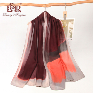 欧美风春秋薄款深酒红暗红色色块印花柔软亲肤百搭休闲围巾披肩女