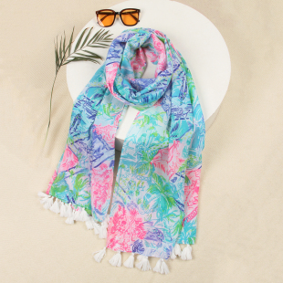 海边度假风植物花朵超漂亮美国lilly pu挂穗荧光色印花围巾外贸单