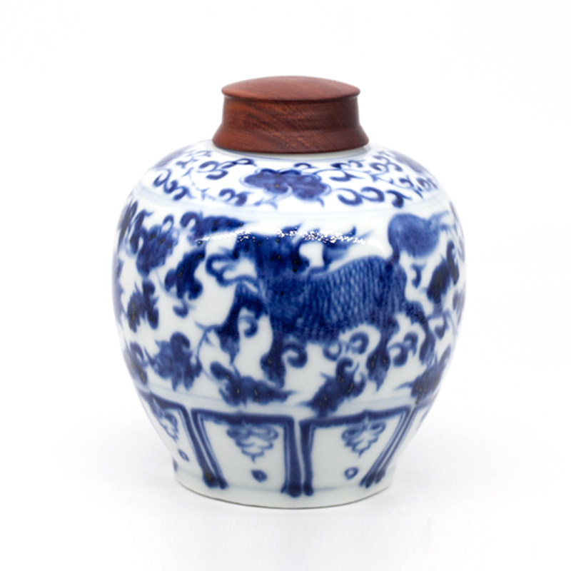 渌水山房 青拙造 仿明早期青花麒麟缠枝牡丹盖罐 仿古茶叶罐