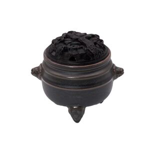 渌水山房 仿铜釉象足兽耳炉 松树纹木盖香薰炉 盘香打香篆 青拙