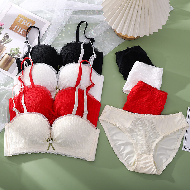 收副乳半杯性感聚拢文胸美背透气文胸套装蝴蝶结蕾丝花边内衣套装