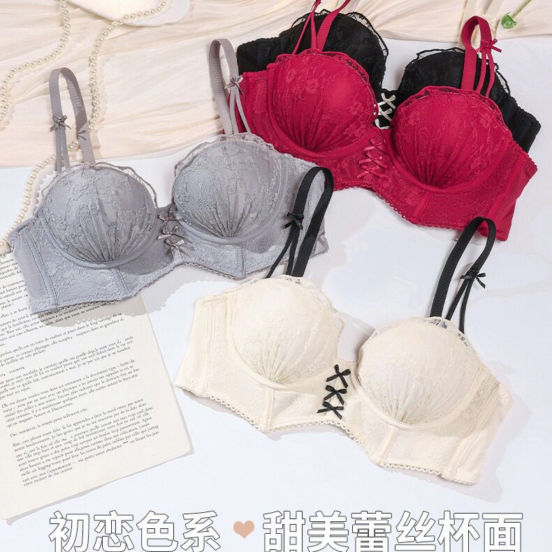 2024新款甜美法式蕾丝无肩带内衣小胸聚拢婚纱抹胸隐形文胸罩黑白