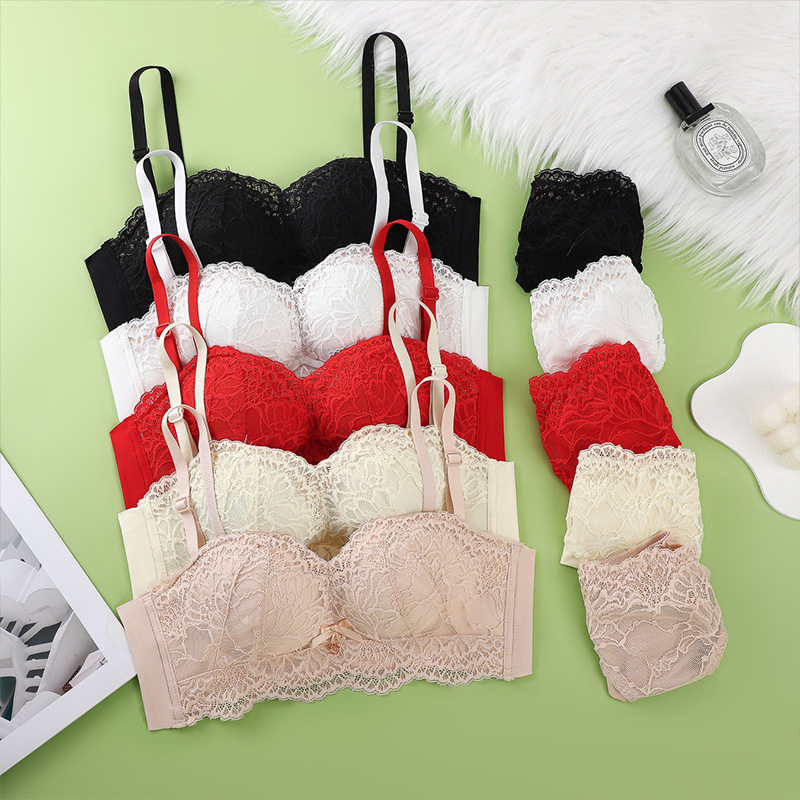 软支撑小胸聚拢内衣套装无钢圈透气性感文胸蕾丝花边半杯文胸套装