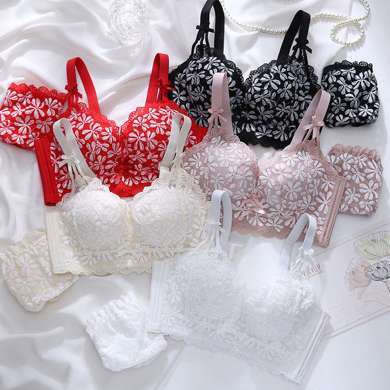 加厚杯无钢圈胸罩蕾丝花边蝴蝶结性感小胸聚拢文胸套装加厚杯无钢