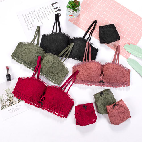 新款上托火辣透气薄文胸套装女塑胸舒适防下垂花边时尚无钢圈内衣