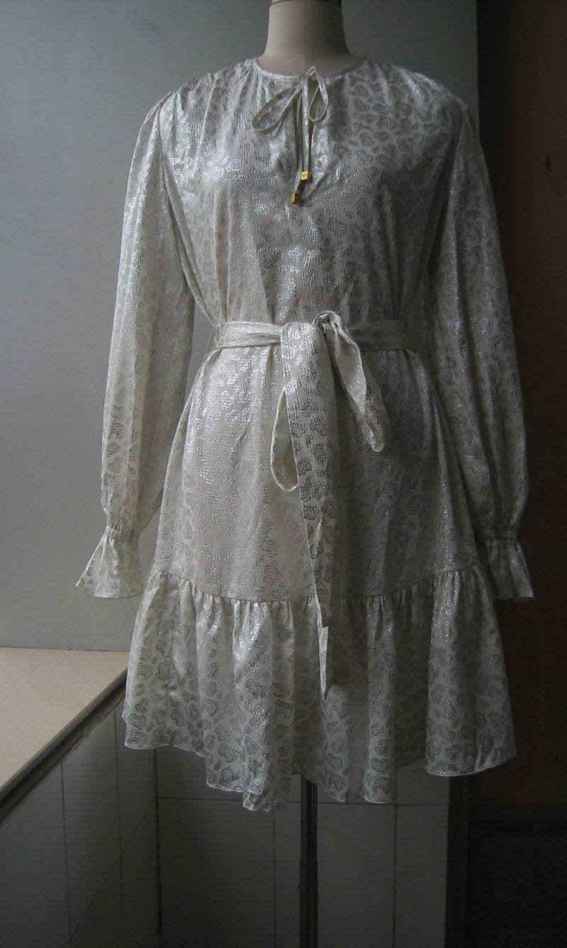 欧美妹女装涤纶银粉印花圆领长袖连衣裙大摆裙有腰带优雅气质512