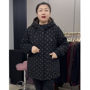 加棉加厚棉服秋冬休闲连帽提花外套中年宽松遮肉棉衣 新款 大码 女装