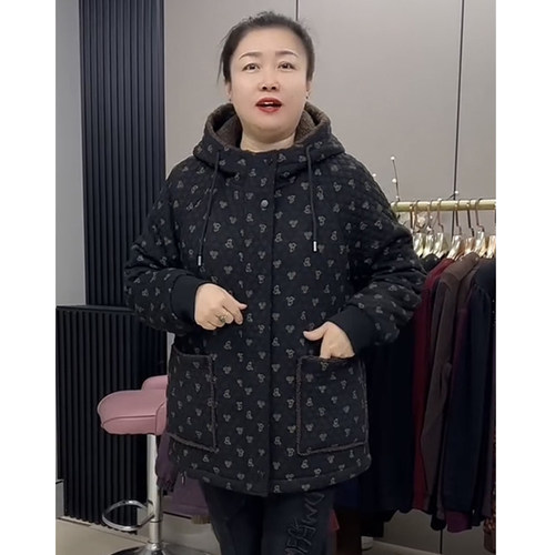 大码女装新款加棉加厚棉服秋冬休闲连帽提花外套中年宽松遮肉棉衣