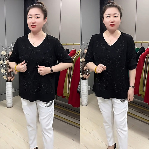 烫钻宽松显瘦上衣纯色遮肚子V领T