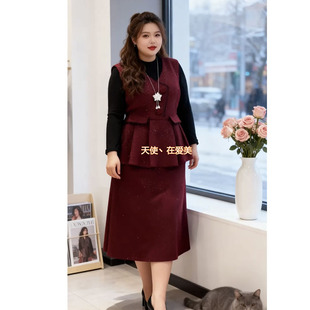 胖妹妹mm气质大码女套装秋冬新款时尚显瘦打底衫马甲半身裙三件套