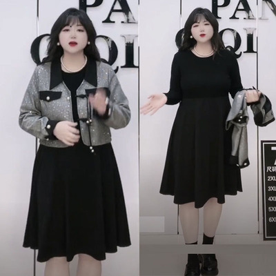 胖mm小香风两件套大码连衣裙套装