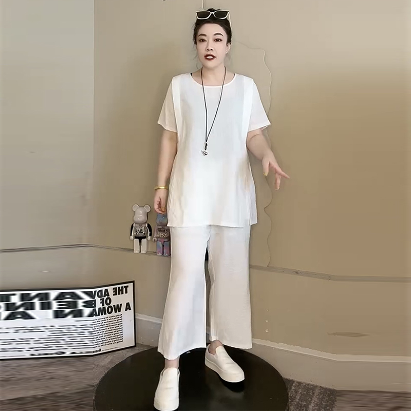 大码胖mm夏季新款棉麻套装圆领短袖上衣休闲松紧腰七分裤两件套女