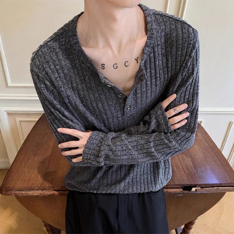 t恤c针织卫衣leanfit正肩灰色打底衫长袖搭秋季内亨利领高级感男