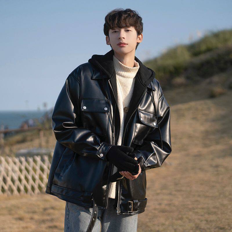 夹克日系美式棉服机车痞帅服高级感皮衣假两件外套夹棉加厚春季男