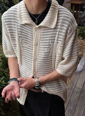 外搭老钱短袖衬衫夏季镂空风薄款男针织高级感开衫anfit上衣lec